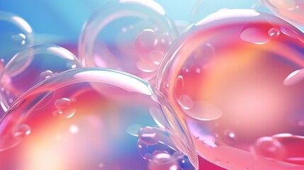  a bunch of bubbles floating on top of a blue, pink, and yellow background with a light blue sky in the background.