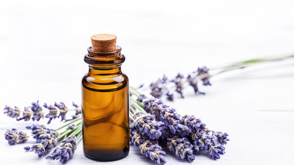 Bottle with natural lavender serum or cosmetic oil and lavender flowers on a white background.Generative AI