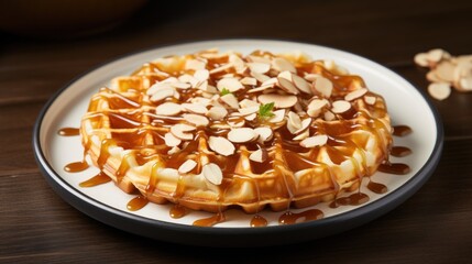  a white plate topped with a waffle covered in caramel sauce and almonds on top of a wooden table.