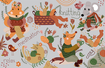 Cute forest animals in scarf and knitted sweaters are knitting and drinking tea, basket with threads. Cute mouse, fox, lazy cat, etc. Suitable for various creative projects. Vector
