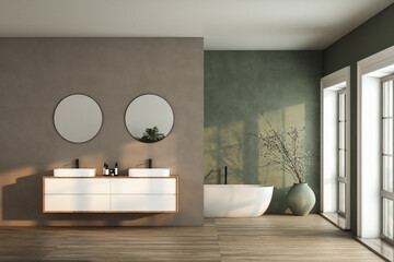 Modern bathroom interior with soil tone and green color walls, parquet floor, double sink, bathtub,...