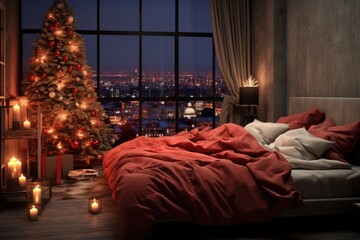 The unusual dark interior of the loft-style living room is decorated with a Christmas tree with red balls. interior in red and gray style.