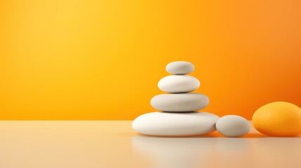  a stack of rocks sitting next to an orange and white egg on top of a white table next to an orange wall.