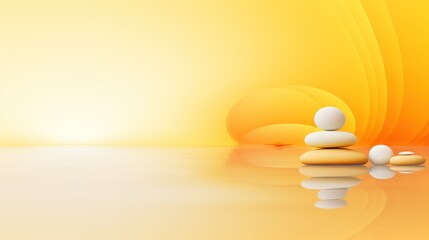  a group of rocks sitting on top of a body of water next to a yellow and orange sunlit background.