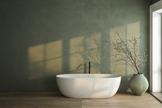 Modern bathroom interior with soil tone and green color walls, parquet floor, double sink, bathtub, plant.