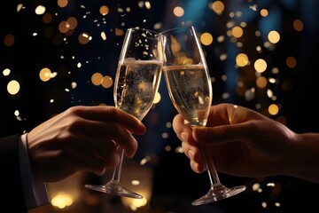 The clink of glasses of champagne in hands against a bright background of lights. New Year. glasses of beer or champagne.
