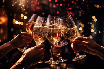 The clink of glasses of champagne in hands against a bright background of lights. New Year. glasses of beer or champagne. - obrazy, fototapety, plakaty