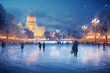 people skate on the skating rink in the winter evening. beautiful view of the skating rink with lights.. High quality photo - obrazy, fototapety, plakaty