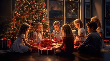 Merry Christmas and Happy Holidays! Cheerful cute children open gifts. Children are having fun near the tree. Loving family with gifts in the room.