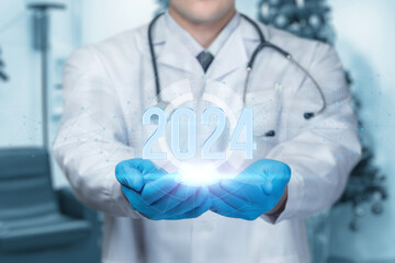 Doctor shows the year 2024 on a blurred background.