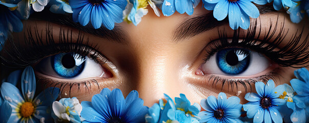 A close up of beautiful blue woman eyes decorated make up . - Powered by Adobe