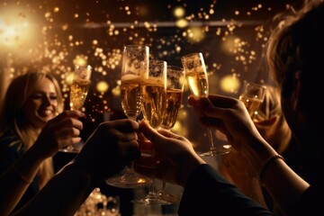 The clink of glasses of champagne in hands against a bright background of lights. New Year. glasses of beer or champagne. - obrazy, fototapety, plakaty