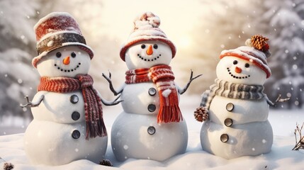 Family of snowmen on a winter background. Christmas background, funny snowmen on the snow. banner