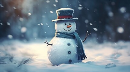 Obraz premium Merry Christmas and Happy New Year greeting card. Happy snowman standing in a Christmas landscape. Snow background. Winter's Tale.
