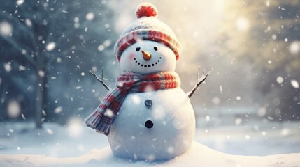 Merry Christmas and Happy New Year greeting card. Happy snowman standing in a Christmas landscape. Snow background. Winter's Tale.