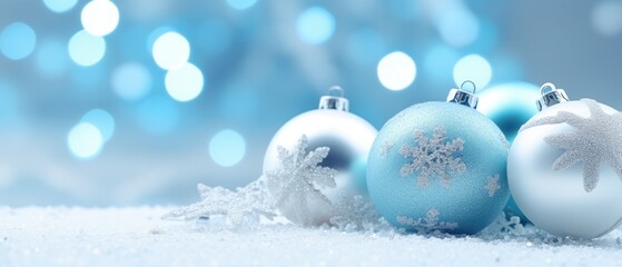 Christmas balls and snowflakes on an abstract blue background. Christmas balls on the snow.banner
