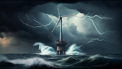 Offshore-Windpark Windrad Blitzeinschlag Blitz auf hoher See Schaden erneuerbare Energien Gefahren Versicherung Generative AI - obrazy, fototapety, plakaty