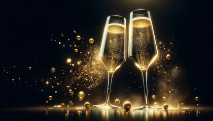 New Year's Elegance: Sparkling Champagne Flutes with Golden Glitter on a Luxurious Dark Background 