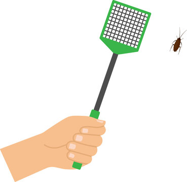 Hand holding a flyswatter icon. Kill cockroach. Vector illustration.