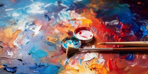 A close-up of a painter's palette with vibrant oil paints and a paintbrush, capturing the creative process and the texture of the paint
