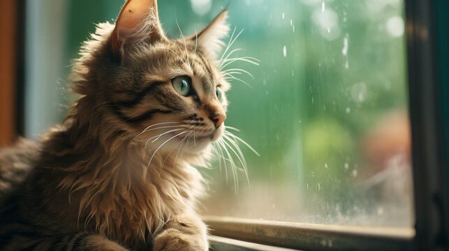 cat looking out window 