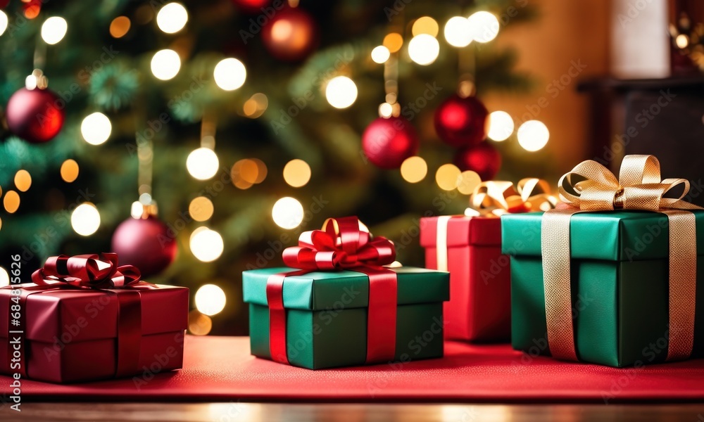 Aufkleber gift boxes with a large red bow on table against a background bokeh of twinkling party lights on chr