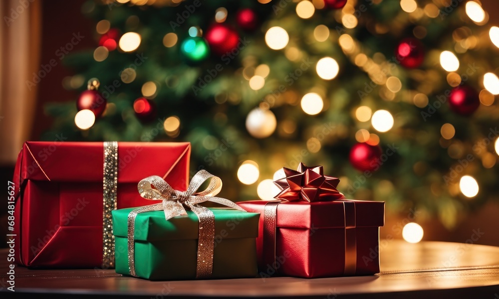 Aufkleber gift boxes with a large red bow on table against a background bokeh of twinkling party lights on chr