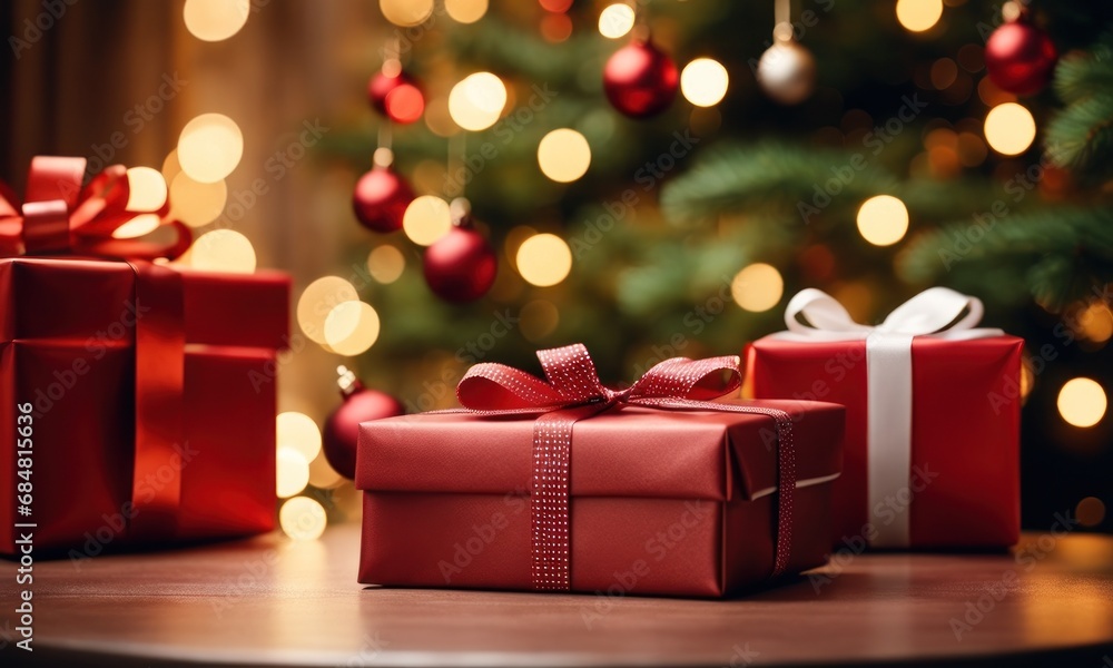 Aufkleber gift boxes with a large red bow on table against a background bokeh of twinkling party lights on chr
