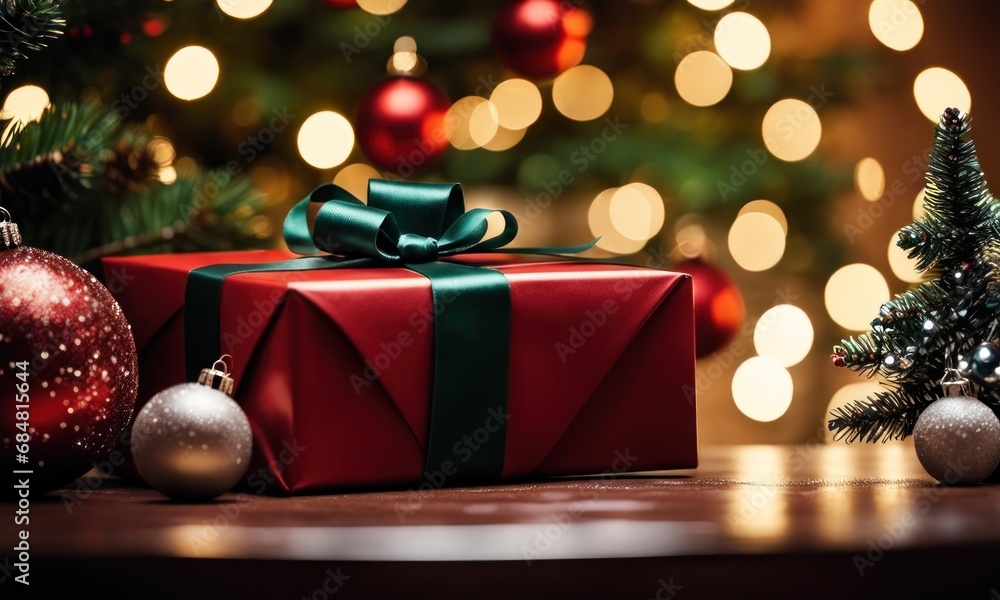 Aufkleber gift boxes with a large red bow on table against a background bokeh of twinkling party lights on chr