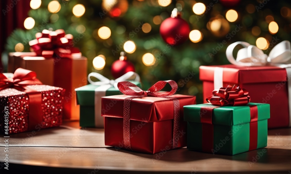 Poster gift boxes with a large red bow on table against a background bokeh of twinkling party lights on chr