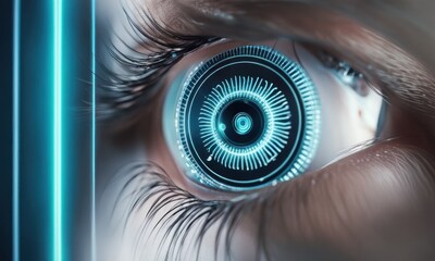 Best media technologies. Mixed media. Close-up biometric scan of a female eye. The concept of modern virtual reality. Neon light, abstract cyber background. Scanning for personality identification