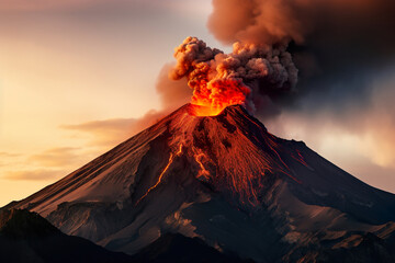 Fototapeta premium Volcano Erupting at Night. Generative Ai