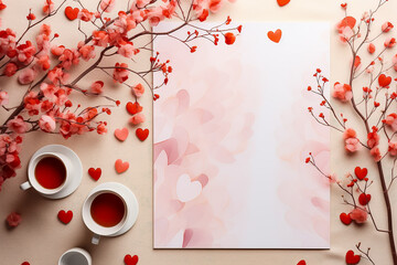 Valentine's Day greeting card mockup with hearts, flowers and a blank piece of paper for your words of love