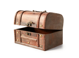 Empty old wooden chest isolated on white background