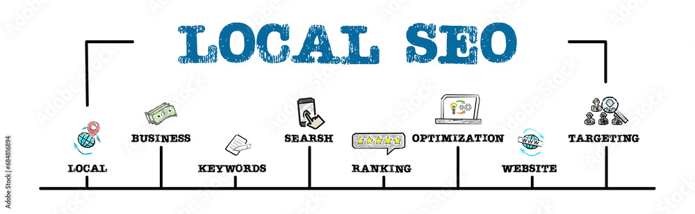 Wall mural local seo concept. illustration with keywords and icons. horizontal web banner