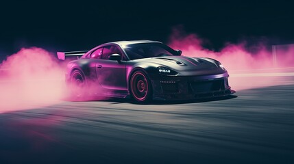 Sports Car Burnout and Drifting on the Racing Track with Smoke and Heat. High-Performance Thrills