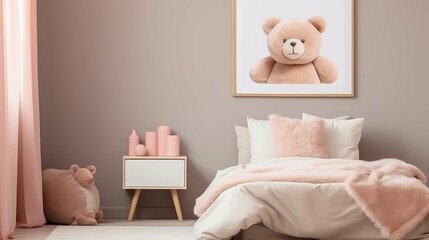 Cozy interior of child room with bed, mock up teddy bear poster frame.