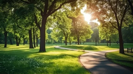 Papier peint Prairie, marais  Green park with lawn and trees.