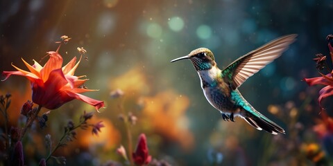 Fototapeta premium hummingbird in mid-flight, capturing its wings in a blur against a vividly colored flower garden, showcasing the dynamism and beauty of nature