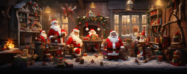A realistic Santa Claus in the North Pole preparing christmas gift boxes. - obrazy, fototapety, plakaty