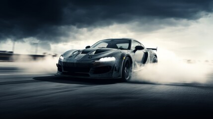 Fototapeta na wymiar Sports Car Burnout and Drifting on the Racing Track with Smoke and Heat. High-Performance Thrills