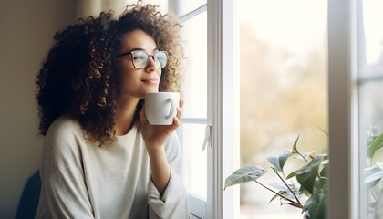 Beautiful 25-year-old, radiant, enjoying morning coffee by the window