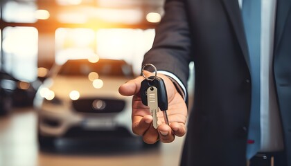 Close-up of automotive advisor's hands with keys to a new car