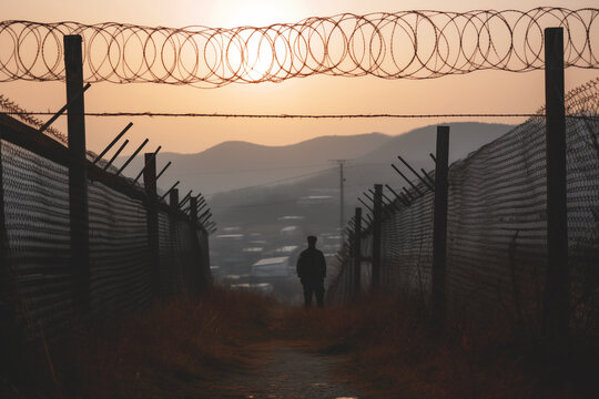 Border of South Kore and North Korea. Border with barbed wire on fence. Human rights in North Korea. Border guard, Military man guarding Border. Guard troops working with the Customs. military troop.