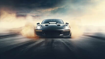 Fototapeta na wymiar Sports Car Burnout and Drifting on the Racing Track with Smoke and Heat. High-Performance Thrills