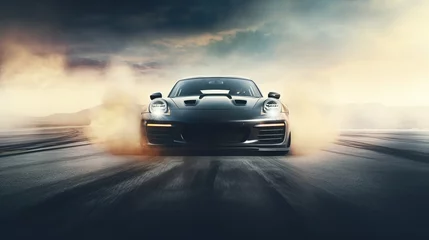 Fotobehang Sports Car Burnout and Drifting on the Racing Track with Smoke and Heat. High-Performance Thrills © David