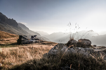three offroader with pop-up roofs staying over night in the mountains - autumn wild life in a grass...