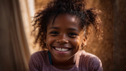 portrait of black girl smiling during session in yoga studio. smiling little girl practicing exercises visualizing calming the brain increasing awareness and attention