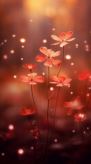 an image that weaves a unique narrative with flower bokeh, where various flower types dance in harmony on an isolated red background, creating an enchanting and dreamlike visual story.