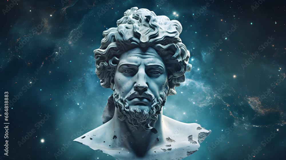 Wall mural man head of statue on universe background